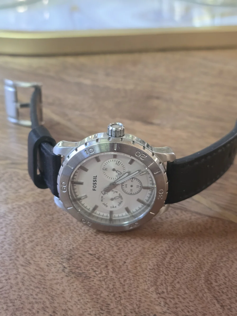 Fossil Men's Black Leather Strap Chronograph Watch - White Dial Missing Hands